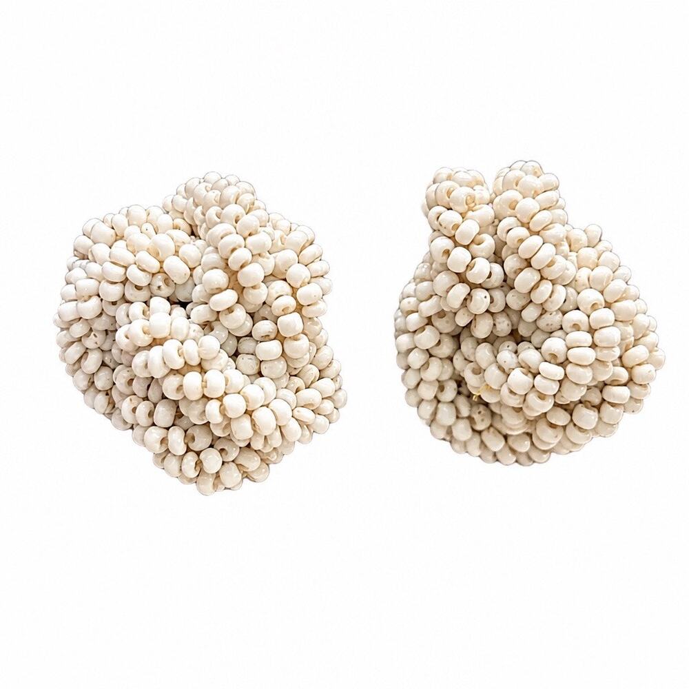 1950 s "The Ivory Reef" Vintage White Glass Seed Bead Woven Knot Earrings signed